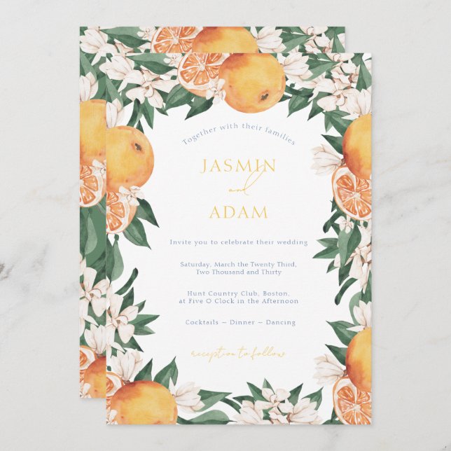 Elegant Oranges Mediterranean Citrus Wedding Invitation (Front/Back)