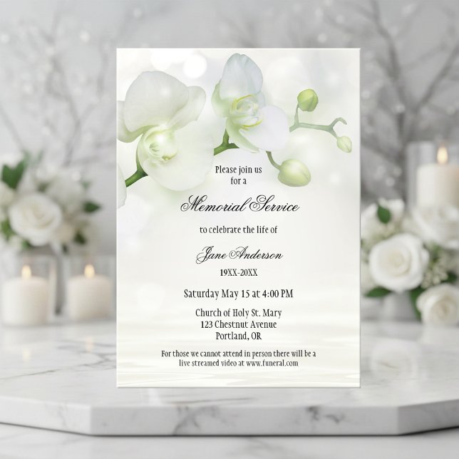 Elegant Orchid Funeral Memorial Service Invitation (Memorial or funeral service invitation featuring a light design with white orchids)