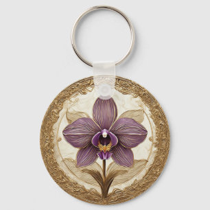 Elegant Orchid in Intricate Golden Frame Keychain