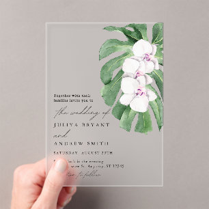 Elegant  Orchid on Tropical leaf script wedding Acrylic Invitations