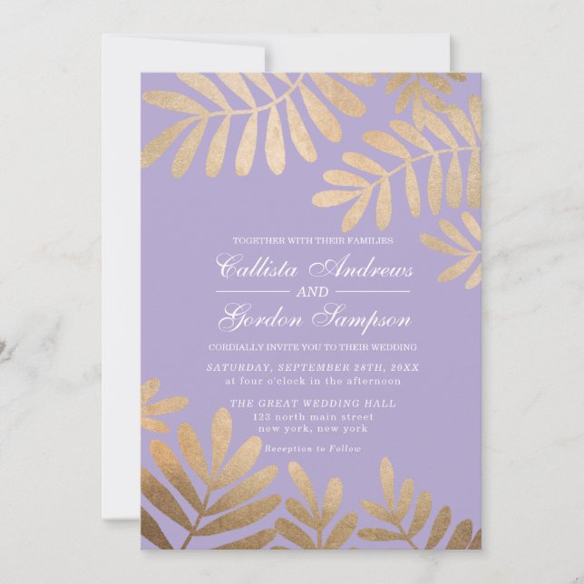 Elegant Orchid Purple Gold Leaves Wedding Invitation (Front)