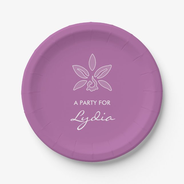 Elegant Orchid Simple Bold Purple Flower With Name Paper Plate (Front)