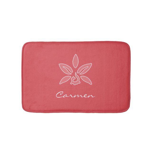 Elegant Orchid Simple Hot Red Flower With Name Bath Mat (Front)