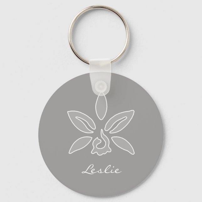 Elegant Orchid Simple Rich Grey Flower With Name Keychain (Front)