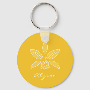 Elegant Orchid Simple Rich Yellow Flower With Name Keychain
