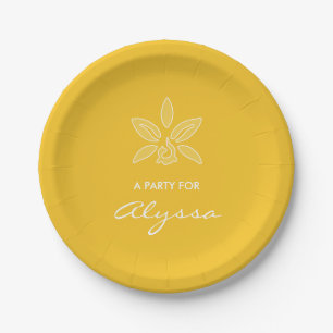 Elegant Orchid Simple Rich Yellow Flower With Name Paper Plate