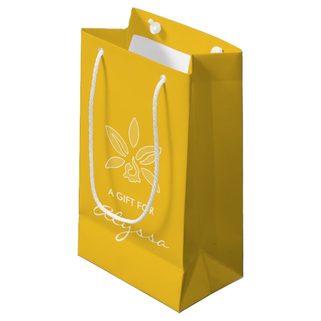 Elegant Orchid Simple Rich Yellow Flower With Name Small Gift Bag (Front Angled)