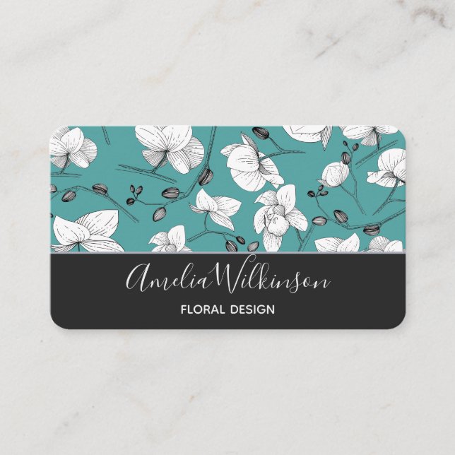 Elegant orchids black & white floral delicate teal business card (Front)