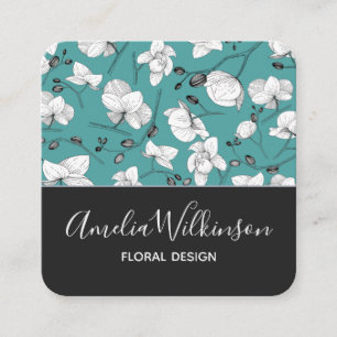 Elegant orchids black & white floral delicate teal square business card