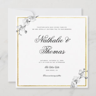 Elegant Orchids Black White Gold Frame Wedding Invitation