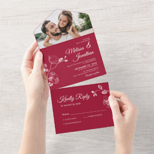 Elegant orchids crimson red floral wedding all in one invitation