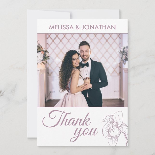 Elegant orchids floral modern purple wedding photo thank you card (Front)