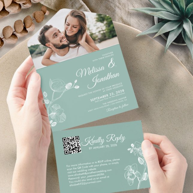 Elegant orchids mint green floral QR Code wedding All In One Invitation (Creator Uploaded)
