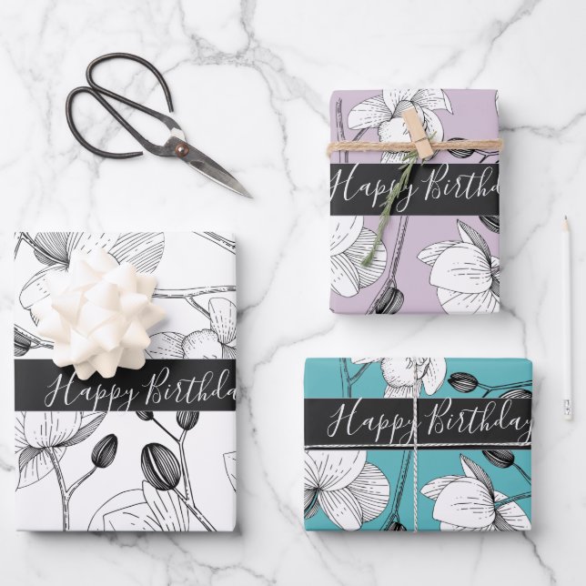 Elegant orchids white lavender turquoise floral wrapping paper sheet (Front)