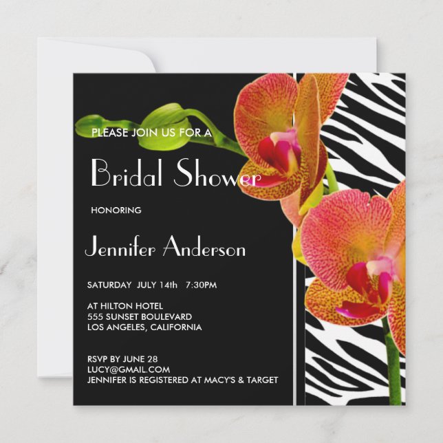 Elegant Orchids Zebra Print Bridal Shower Invites (Front)