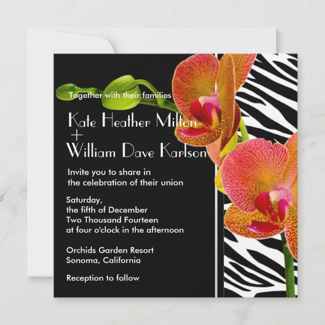 Elegant Orchids Zebra Print Wedding Invites (Front)