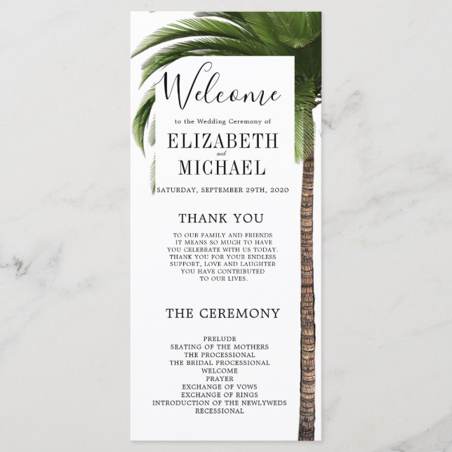 Elegant Order of Service  Tropical Palm  Wedding Menu (Front)