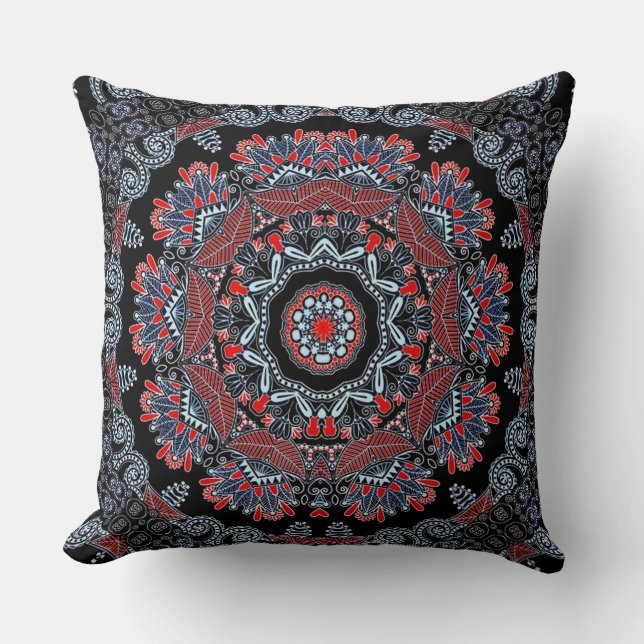 Élégant oreiller à lancer Mandala gris et rouge (Recto)