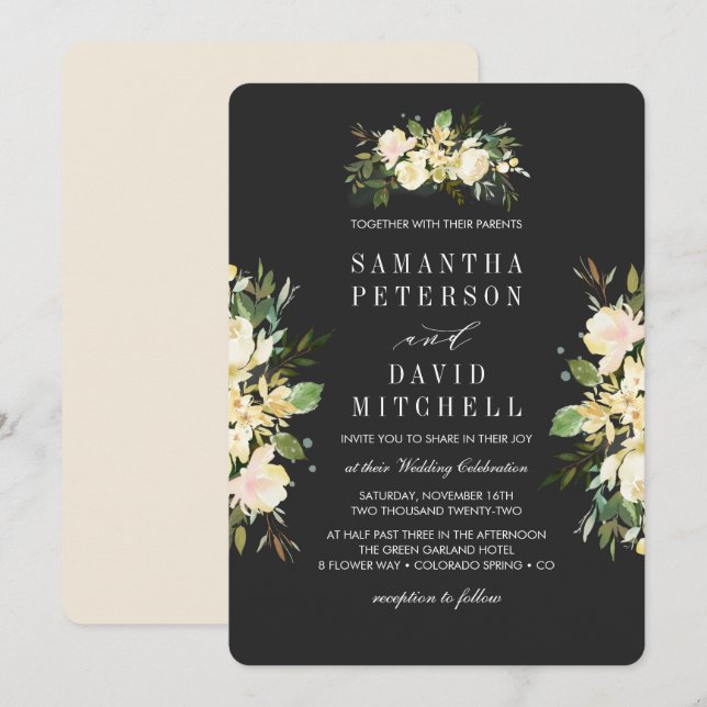 Elegant Organic Botanical Ivory  Floral Wedding Invitation (Front/Back)