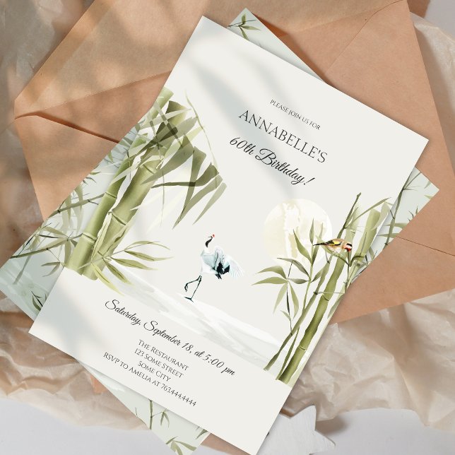 Elegant Oriental Bamboo Crane 60th Birthday Party Invitation (Elegant Oriental Bamboo Crane 60th Birthday Party Invitation)
