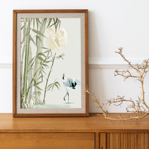 Elegant Oriental Bamboo Crane Poster