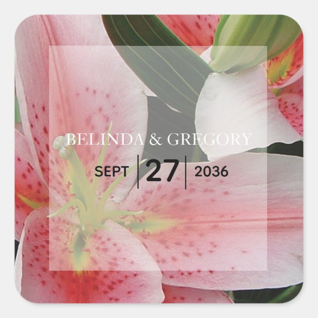 Elegant Oriental Lilies Wedding Square Sticker (Front)