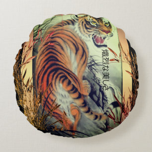 Elegant oriental tiger bamboo elegant black orange round pillow