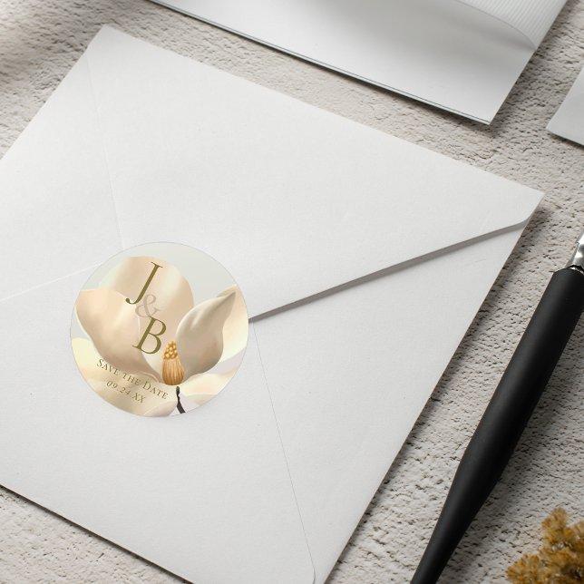 Elegant Oriental White Magnolia Save the Date Classic Round Sticker (Elegant Oriental White Magnolia Save the Date Classic Round Sticker)