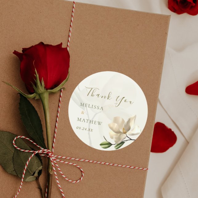 Elegant Oriental White Magnolia Wedding Favour Classic Round Sticker (Elegant Oriental White Magnolia Wedding Favor Classic Round Sticker)
