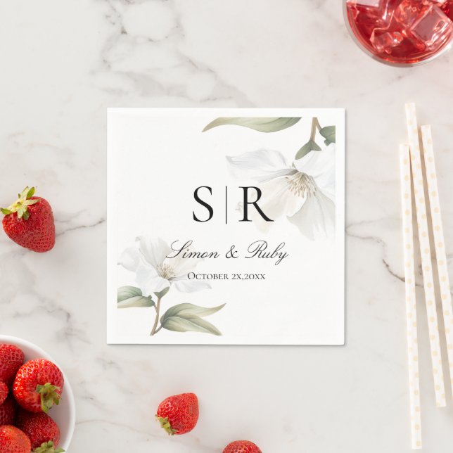 Elegant Oriental White Magnolia Wedding  Napkin (Insitu)
