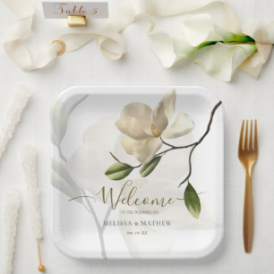 Elegant Oriental White Magnolia Wedding Paper Plate