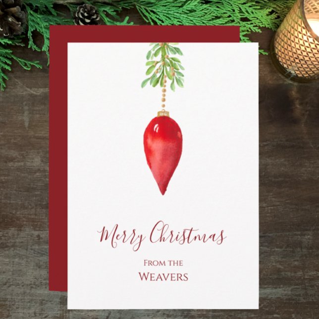 Elegant Original Watercolor Red Greenery Christmas Holiday Card (Personalize this festive red Merry Christmas greeting card. Original watercolor elegant simple style)
