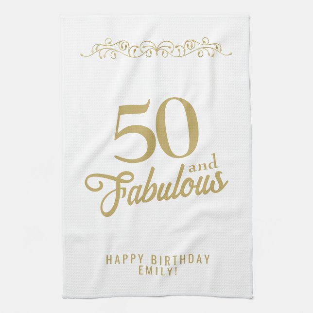 Elegant Ornament 50 and Fabulous 50th Birthday Kitchen Towel (Vertical)