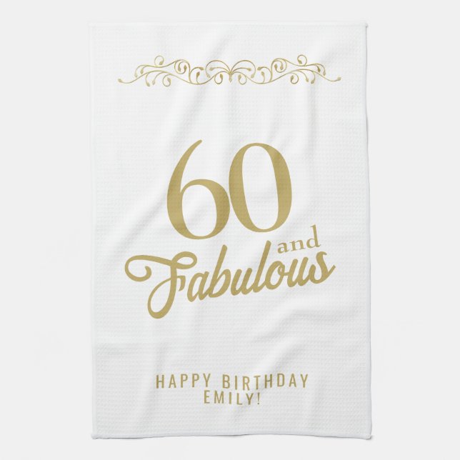 Elegant Ornament 60 and Fabulous 60th Birthday  Kitchen Towel (Vertical)
