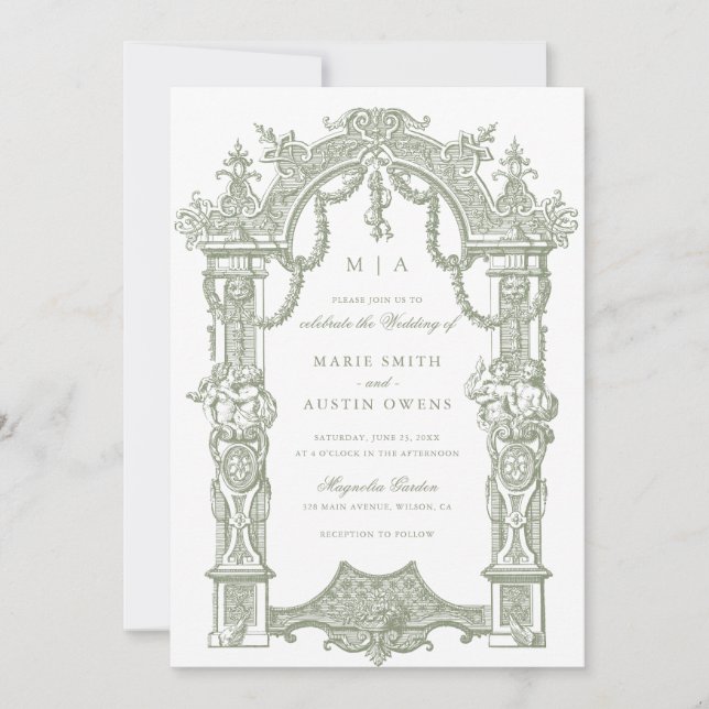 Elegant Ornament Border Frame Sage Wedding Invitation (Front)