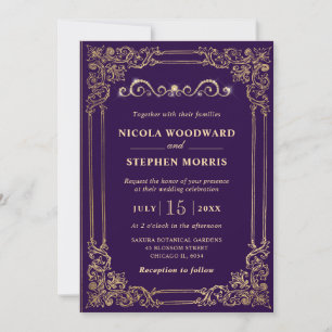 Elegant Ornament Gold Frame on Purple Wedding Invitation