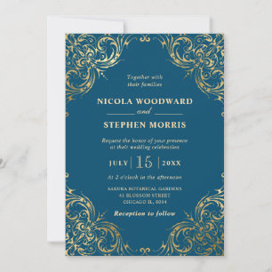 Elegant Ornament Gold Frame on Teal Wedding Invitation