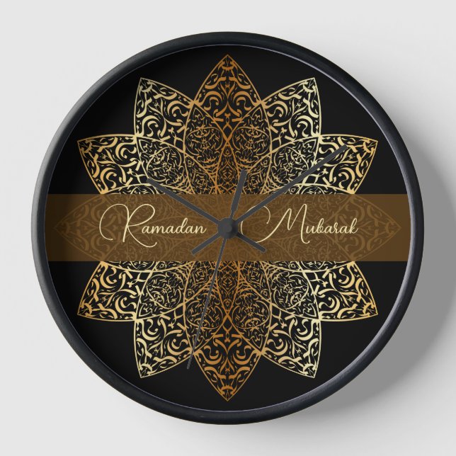 Elegant Ornamental Gold and Black Ramadan Mubarak Clock (Front)
