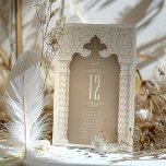 Elegant Ornamental Wedding Table Number Card<br><div class="desc">Exude timeless elegance on your special day with our exquisite wedding table number card. Designed to add a touch of sophistication to your nuptial decor, this card features an opulent taupe backdrop, artistically complemented by an intricate ivory filigree arch design that evokes the grandeur of classic architecture. The ornate, scrolling...</div>