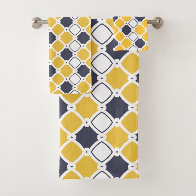 Elegant ornamental, white, navy blue, yellow bath towel set (Insitu)