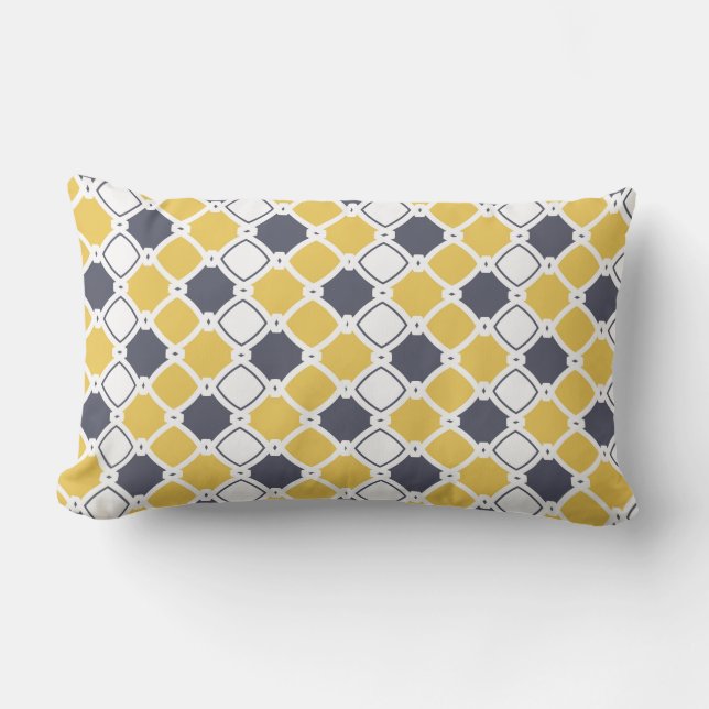 Elegant ornamental, white, navy blue, yellow lumbar pillow (Front)