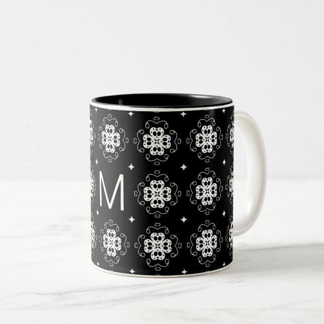 Elegant Ornate Black and White Pattern Monogram Two-Tone Coffee Mug (Front Right)