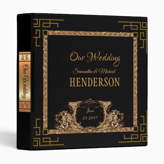 Elegant Ornate Black Gold Wedding Photo Binder (Front/Spine)