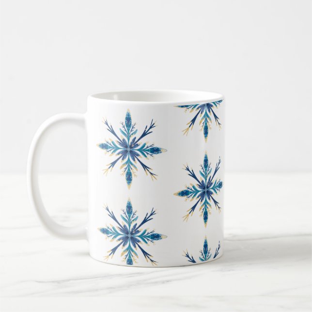 Elegant Ornate Blue & Gold Painted Snowflake Coffee Mug (Left)