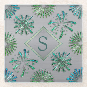Elegant Ornate Blue Green Pattern Monogram Glass Coaster
