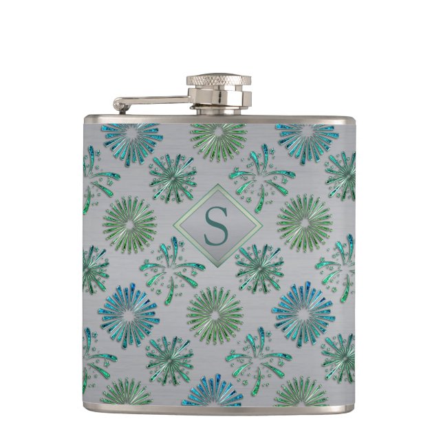 Elegant Ornate Blue Green Pattern Monogram Hip Flask (Front)