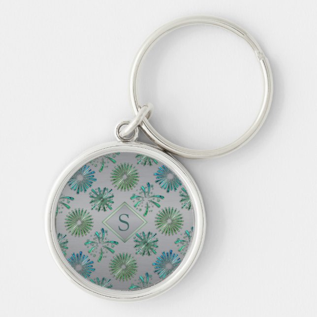 Elegant Ornate Blue Green Pattern Monogram Keychain (Front)