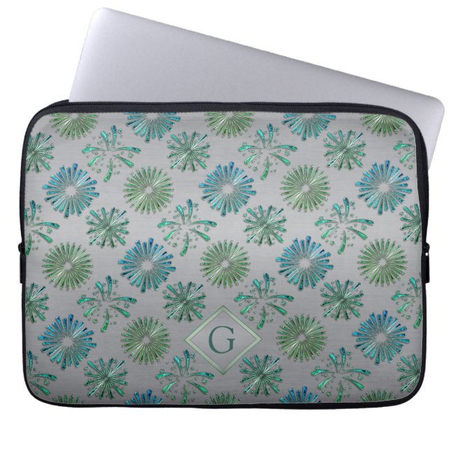 Elegant Ornate Blue Green Pattern Monogram Laptop Sleeve (Front)
