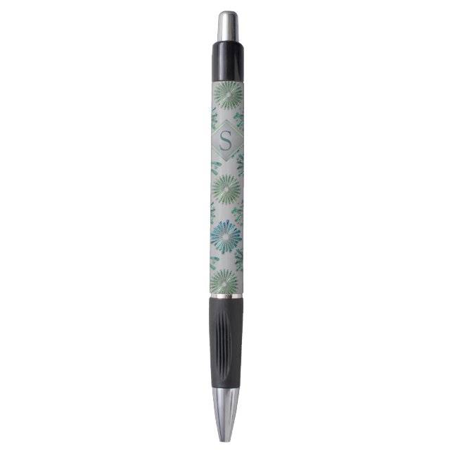 Elegant Ornate Blue Green Pattern Monogram Pen (Front Vertical)