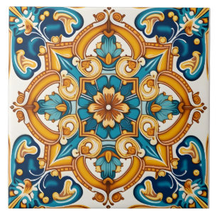 Elegant Ornate Blue Yellow Patterned Tile